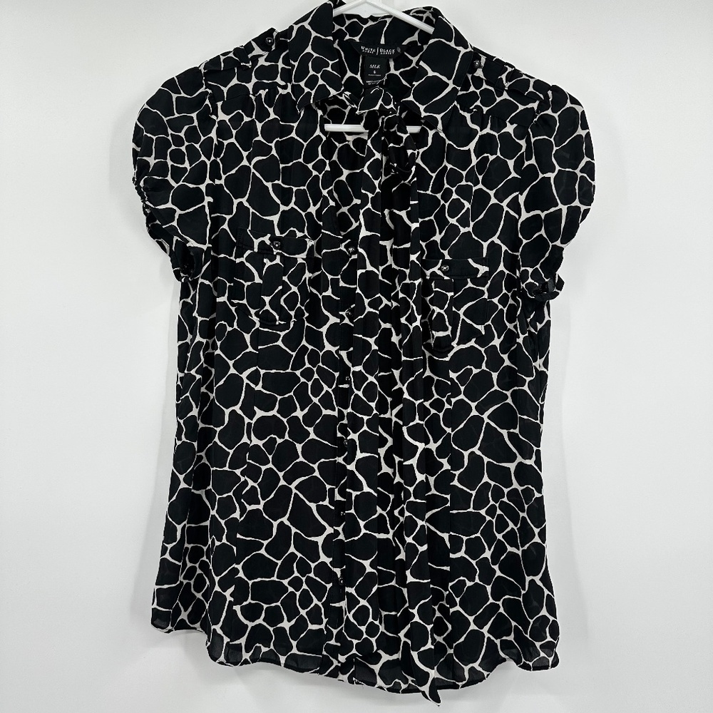 White House Black Market Animal Pattern Silk Blouse Womens S Button Down Tie
